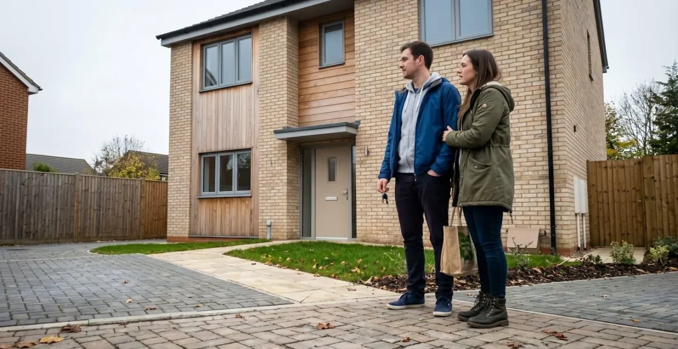 Un jeune couple trentenaire souriant vu de trois-quarts devant une maison individuelle moderne avec jardin, lumière naturelle de fin d'après-midi