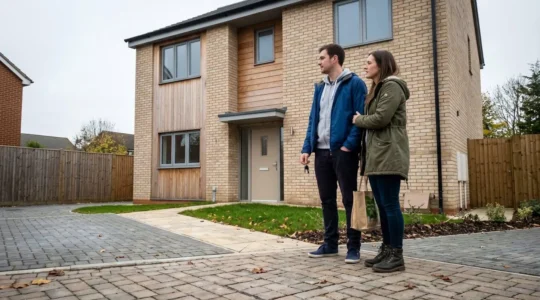 Un jeune couple trentenaire souriant vu de trois-quarts devant une maison individuelle moderne avec jardin, lumière naturelle de fin d'après-midi