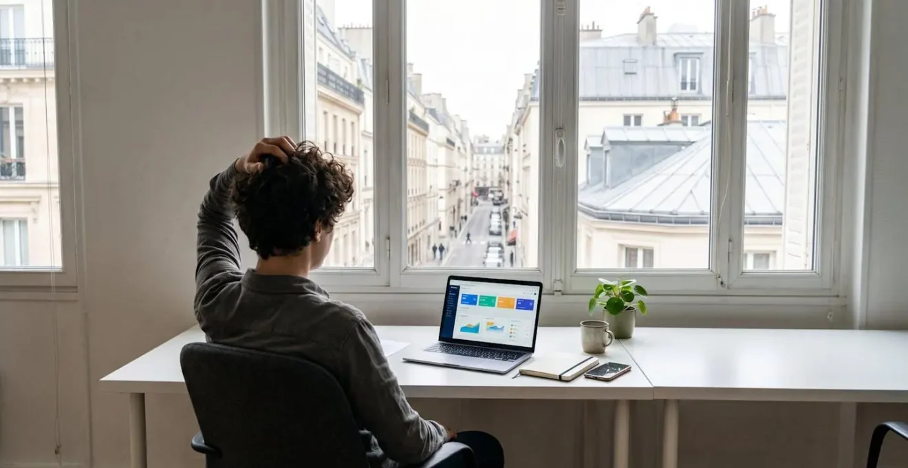 Une personne vue de dos assise à un bureau blanc minimaliste, mains sur la tête en posture de réflexion, ordinateur portable fermé, grande fenêtre lumineuse en arrière-plan