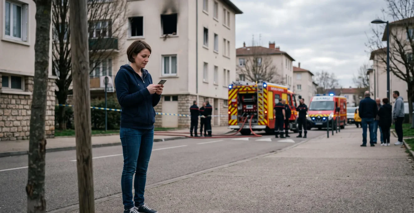 Personne à l'extérieur de son logement après un incendie, téléphone en main