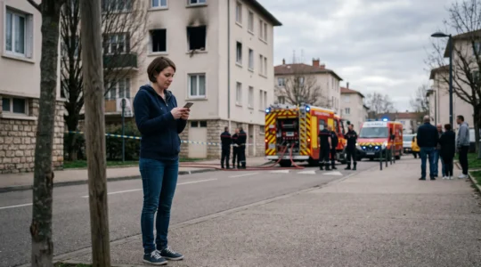 Personne à l'extérieur de son logement après un incendie, téléphone en main
