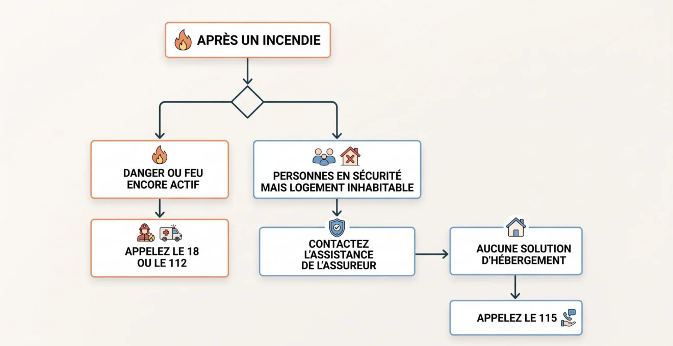Arbre de décision indiquant qui appeler après un incendie selon la situation